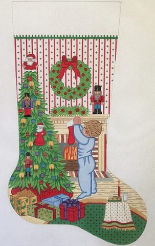 Little Boy Hanging Stocking with Wreath and Tree