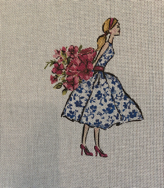 Lady with Blue White Dress