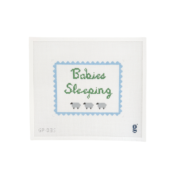 Babies Sleeping needlepoint canvas with three sheep and blue scalloped border