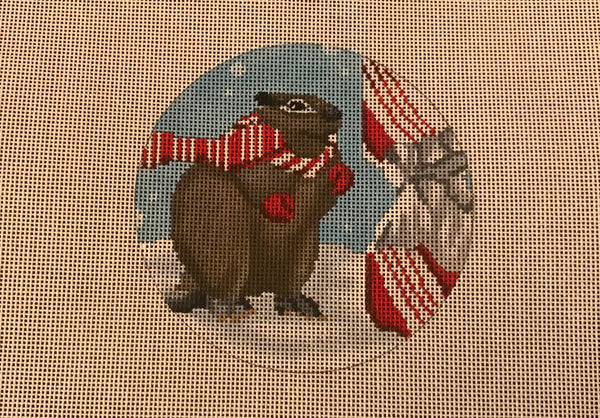 Beaver w/ Candy Cane Round Ornament