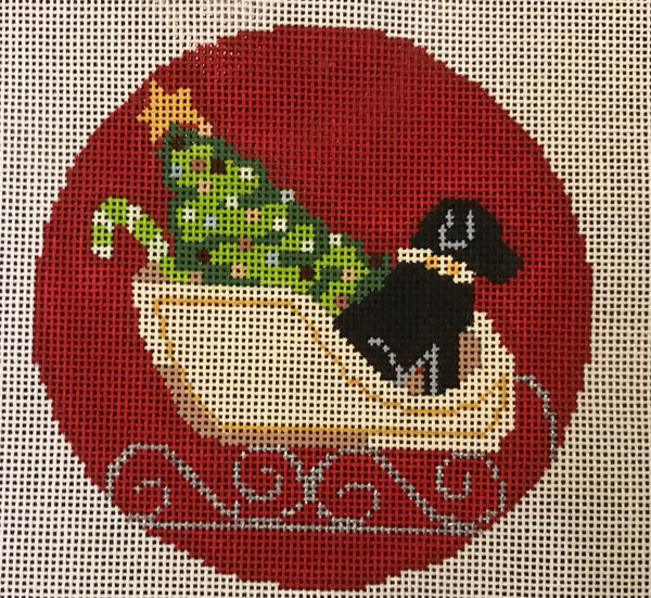 Black Lab in Sleigh w/ Tree