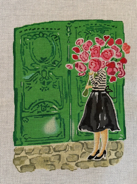 Mademoiselle w/ Pink Flowers and Green Door