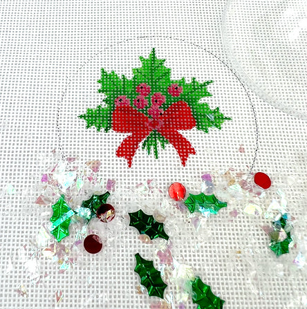 Holly w/ Berries & Red Bow Dome Ornament