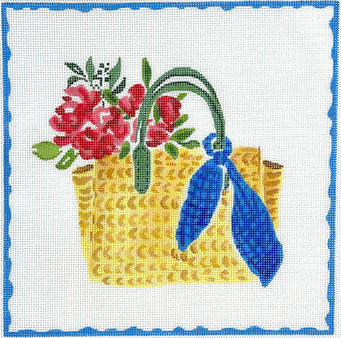 Straw bag with Blue Scarf and Flowers