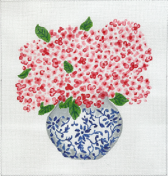 Blue Chinoiserie Pot with Pink Hydrangeas