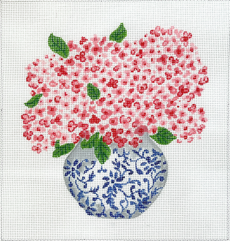 Blue Chinoiserie Pot with Pink Hydrangeas