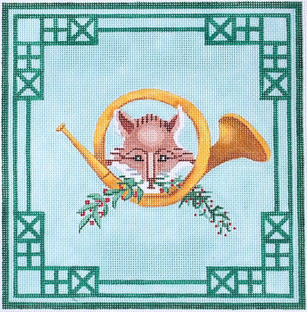 Fox and Hunting Horn with Greenery and Chinoiserie Border