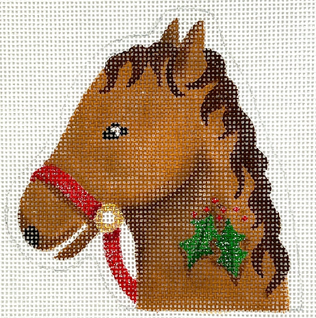 Horse with Holly Candy Cane Holder-Tan and Brown