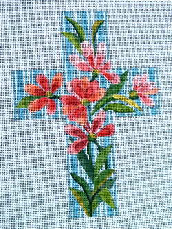 Cross Pink Floral on Blue Stripe