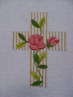 Rose on Gold Stripe Cross