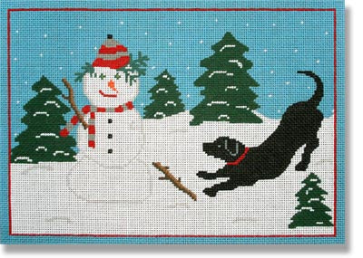 Snowman with Black Lab