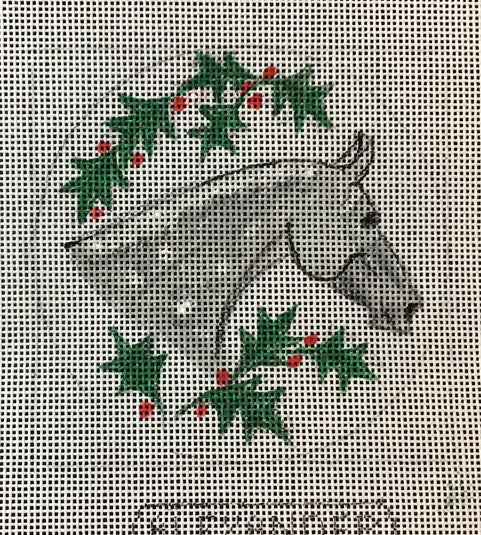 Grey Horse Head Facing Right with Holly