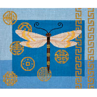 Dragonfly and Coins on Blue