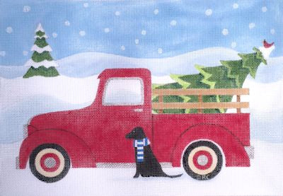 Red truck w/ Black Lab