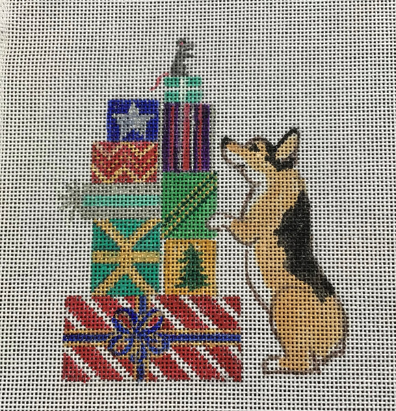 Welsh Corgi with Stack of Presents